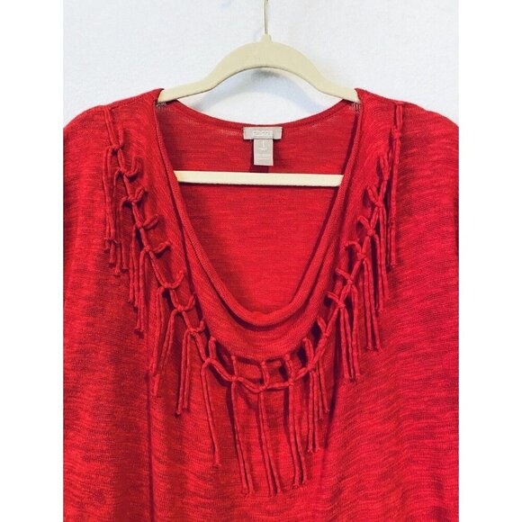 Chicos 1 Sweater Womens Medium 8 Cowl Neck Fringe Short Sleeve Red Cotton Boho - Picture 2 of 6